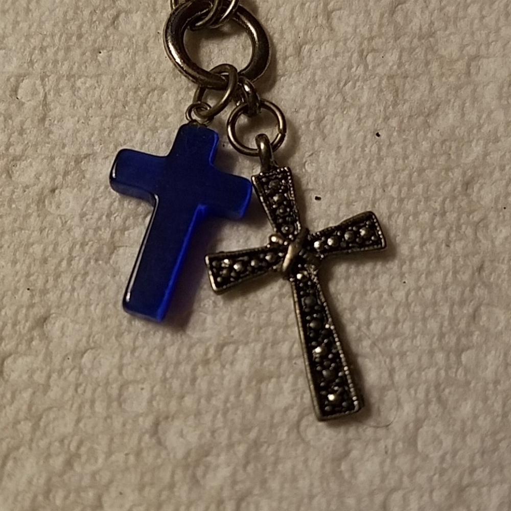 Cross Set Blue Bead Cross & Orthodox Silver Tone